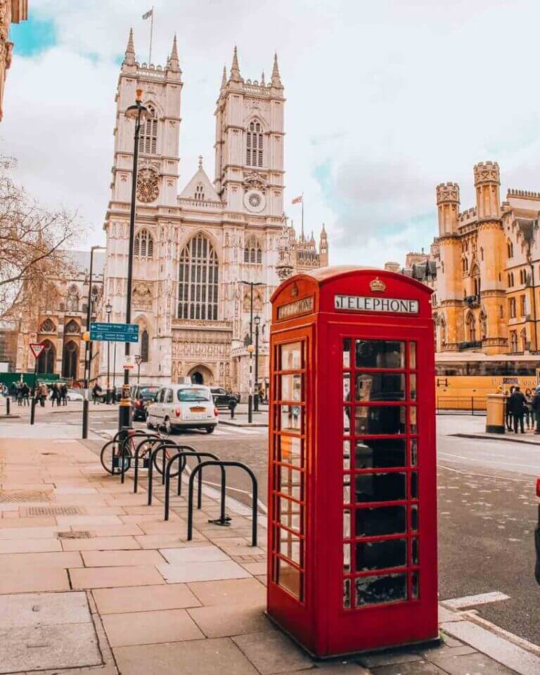 Westminster Abbey and a red telephone box