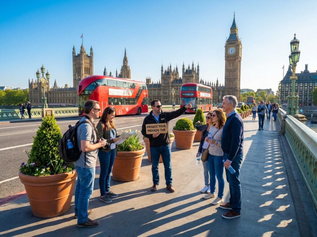 Tour group on Westminster Bridge with Big Ben in background; a guide holds a 'Private Tour' sign while explains to visitors as red double-decker buses pass by.