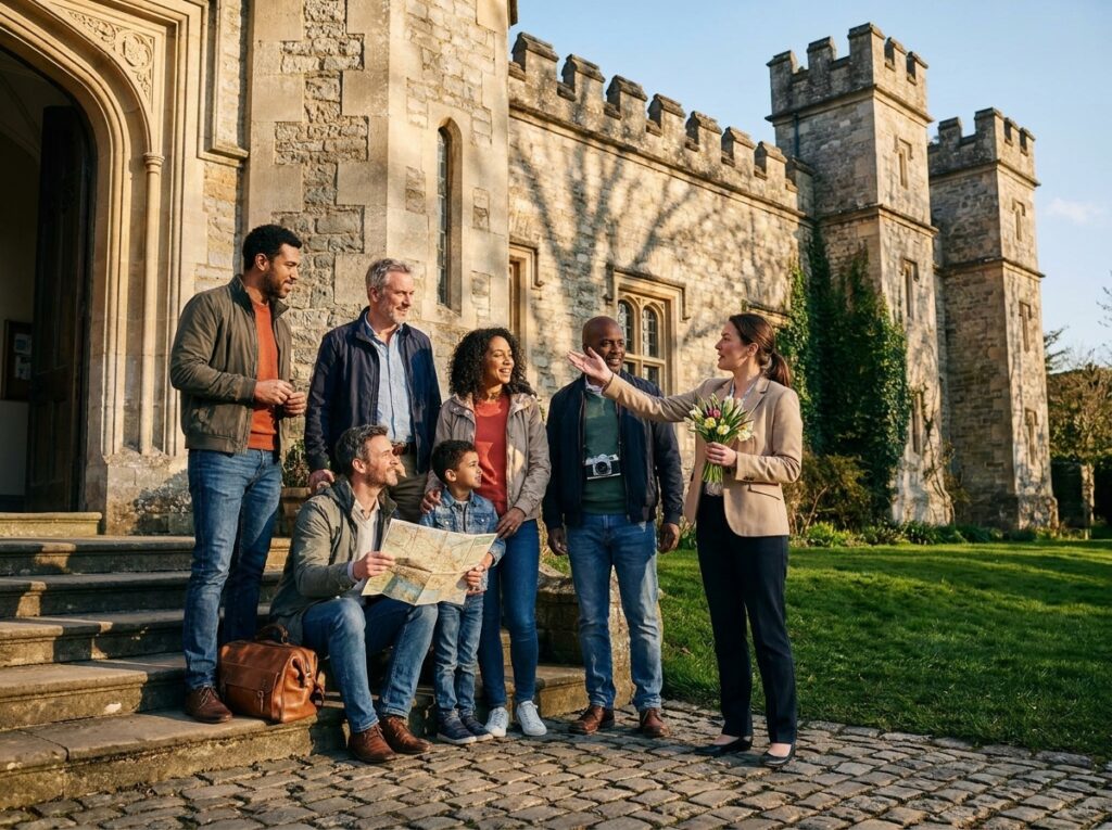 A diverse group of tourists stands outside a stone castle, listening to a guide who gestures and holds a bouquet.