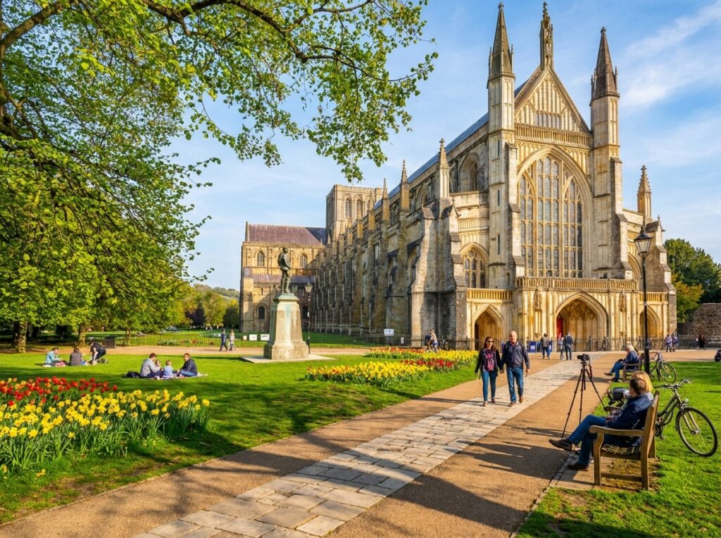 Gothic cathedral with a large arched window, surrounded by a manicured garden, tulips, and visitors walking along a stone path on a sunny day.