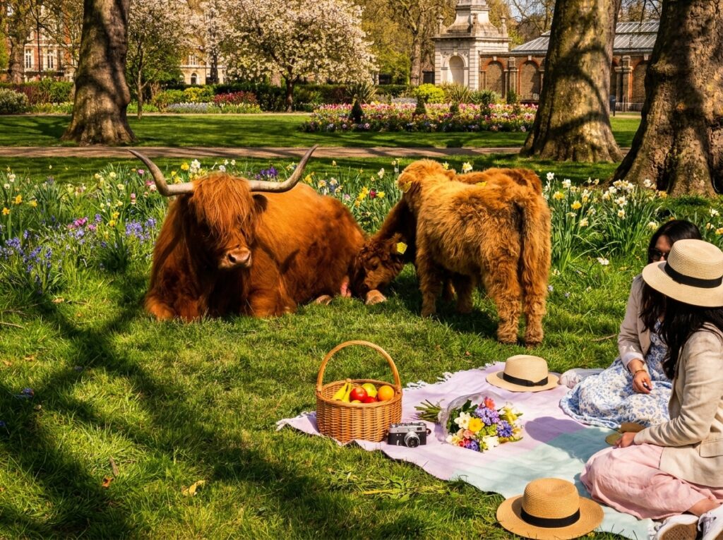 Two Highland cattle and a calf graze near a spring picnic scene in a sunny park with friends on a blanket.