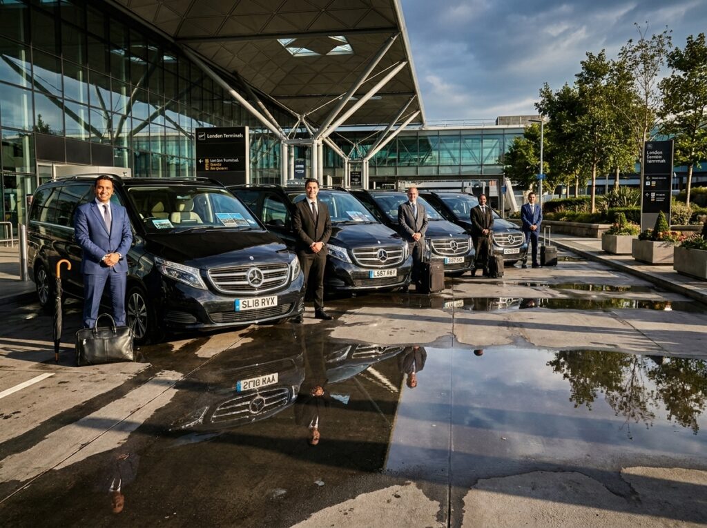 Group of five suited men standing beside black Mercedes vans outside a modern terminal building, with reflections in a wet pavement area.