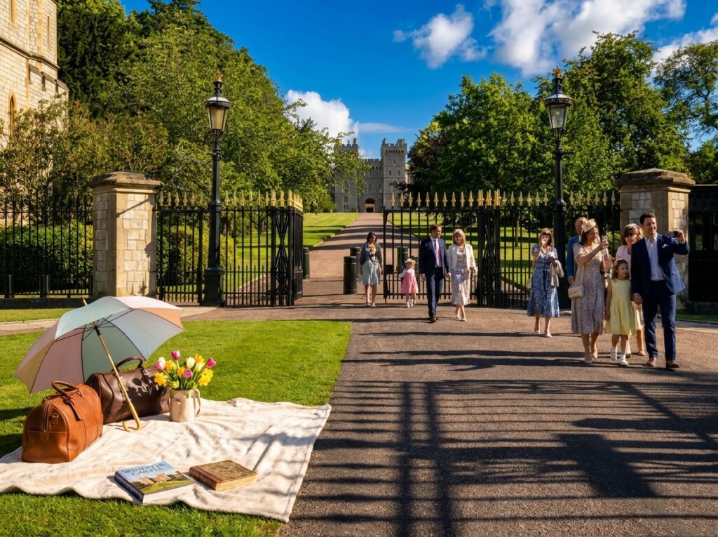 A group of well-dressed adults and children walk toward a gated castle entrance on a sunny day, with a picnic setup (blanket, umbrella, bags, flowers, and books) laid out at the foreground on the grass.