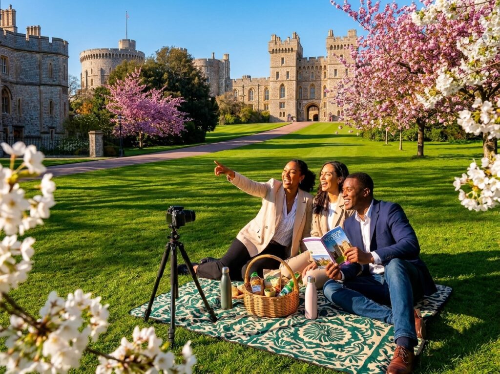 Three friends filming a travel vlog on a blanket in a castle garden, with a camera on a tripod and a picnic basket nearby.