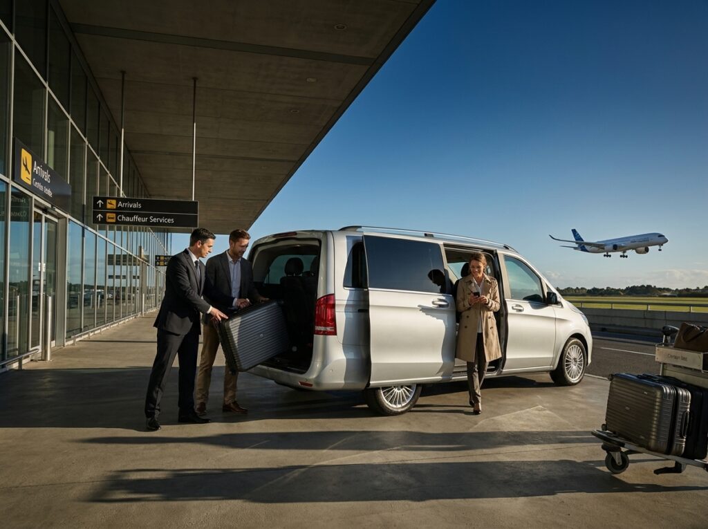 Three travelers load a suitcase from a silver minivan at an airport curb as a plane takes off in the background.