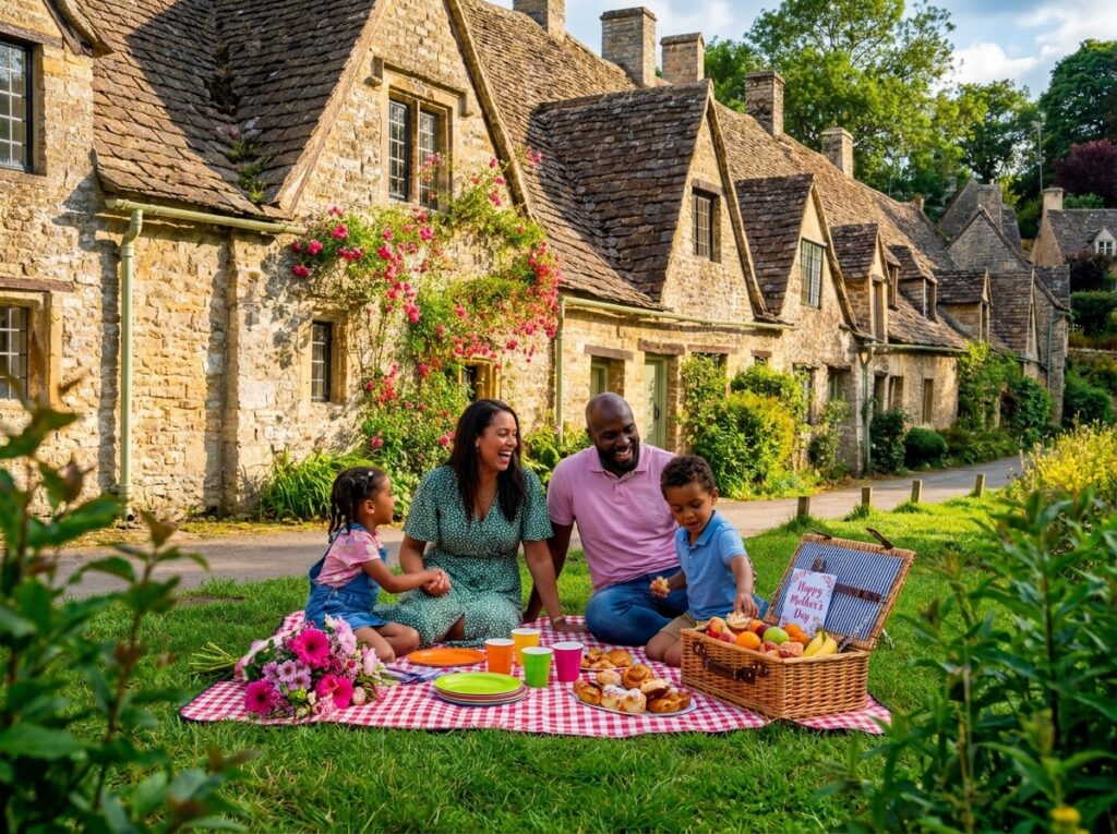 Family of four enjoying a sunny picnic on a red-and-white checkered blanket in a village street with stone cottages and blooming flowers