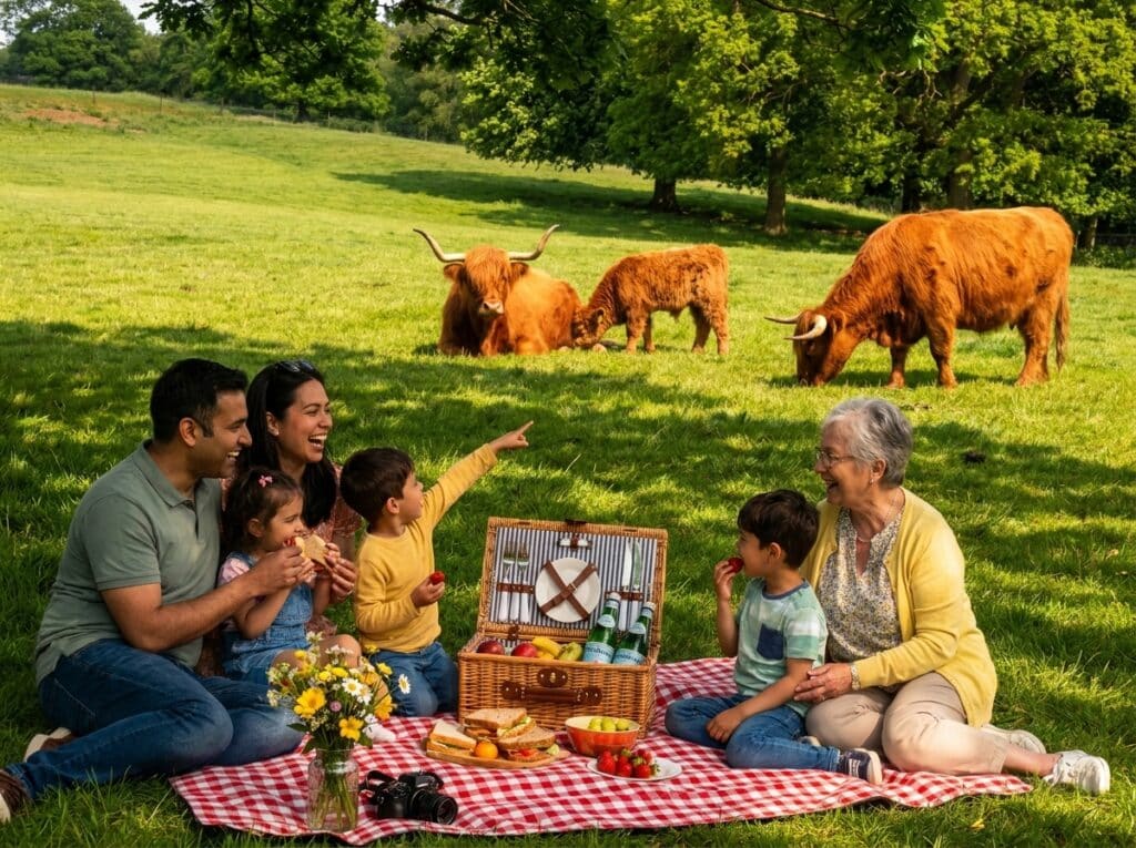 Multigenerational family enjoying a picnic on a red-and-white blanket as cows graze in a sunny field behind them.