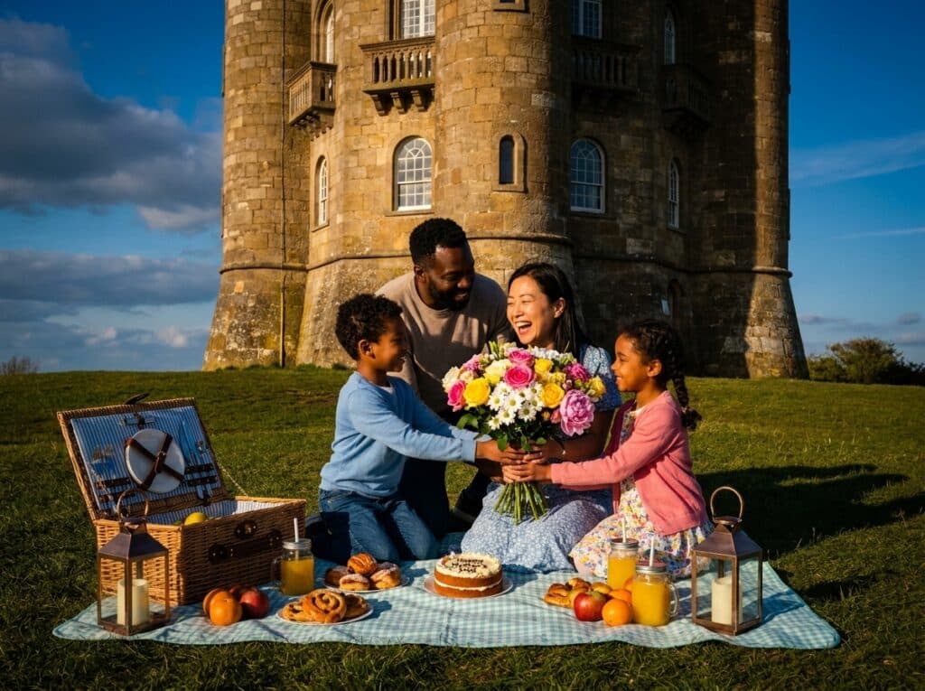 Family of four sharing a picnic on a blue checkered blanket beside a stone castle as they pass a colorful bouquet to mom and smile together.