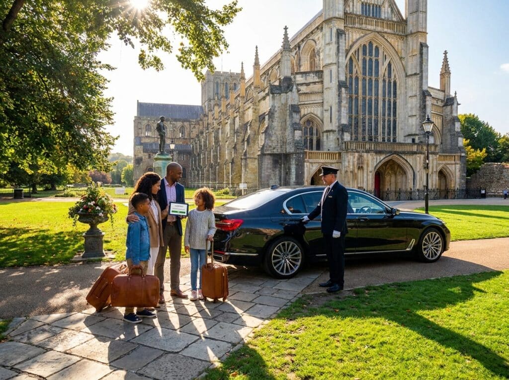 Family of four with suitcases stands beside a black luxury car as a chauffeur opens the door near a medieval cathedral.