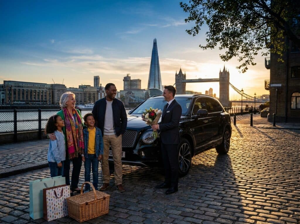 Family posing with a chauffeur after a car pickup by a skyline with Tower Bridge at sunset in London, gifts on the ground nearby.