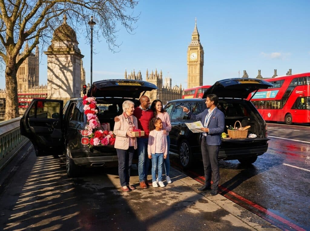 Tour guide showing a map to a family beside a flower-decorated car on Westminster Bridge with Big Ben in the background.