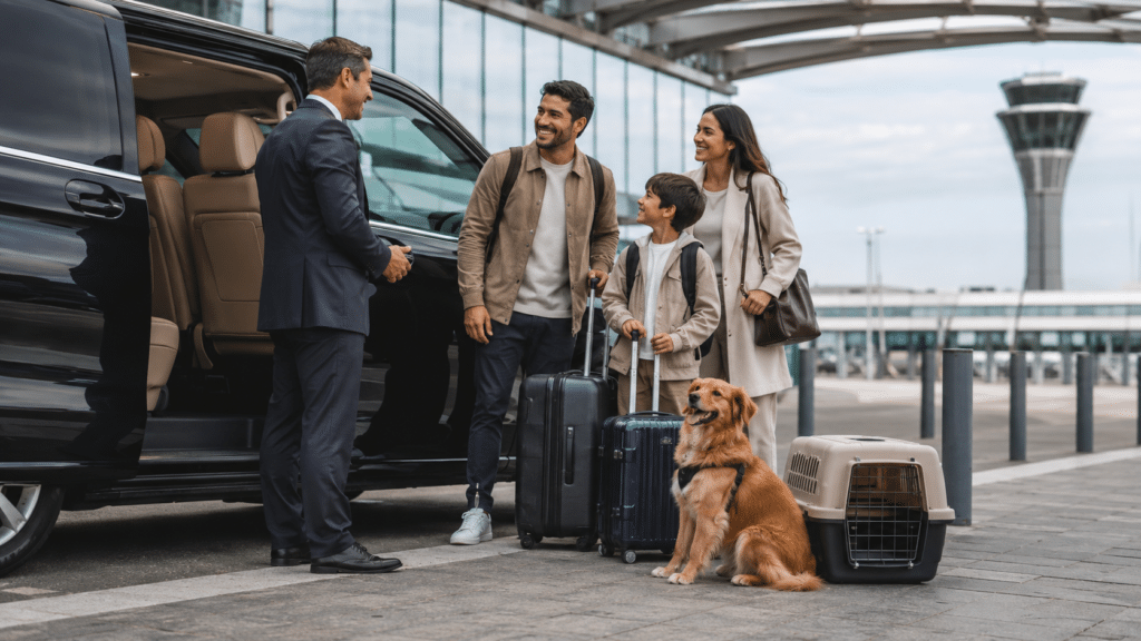 A family with rolling suitcases greets a driver beside a black SUV at an airport pickup area.
