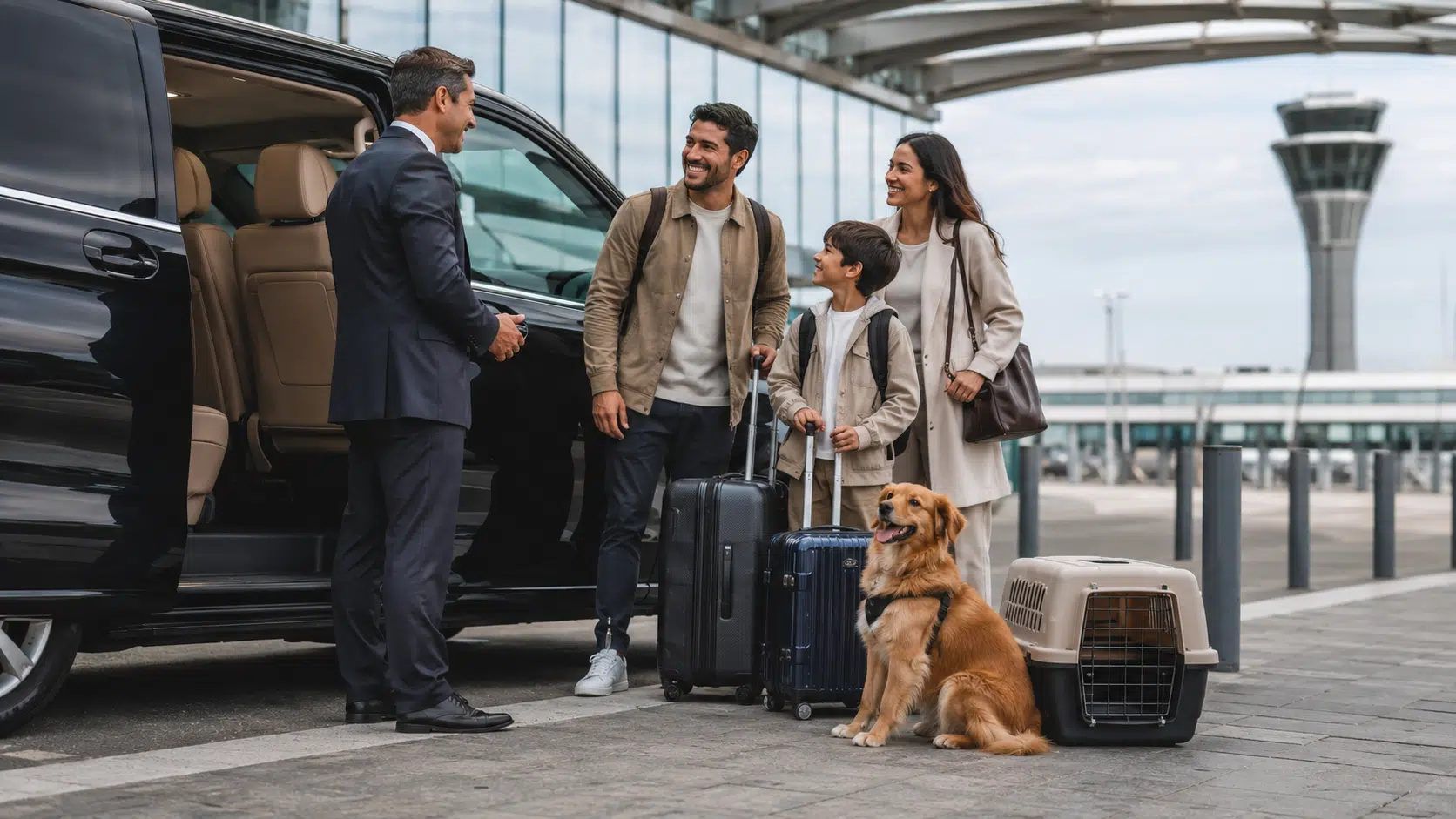 Transporte de pets com família e motorista junto a veículo privativo no aeroporto