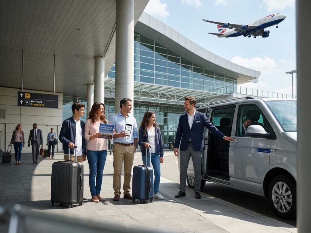 Group of travelers with rolling suitcases stand outside a modern airport terminal as a driver greets them by a waiting van, with an airplane overhead.