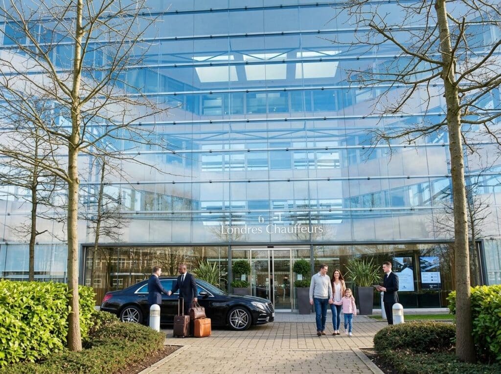 People with luggage stand near a black car parked at a glass-front building labeled 'Londres Chauffeurs' — a chauffeur talks nearby as a family of three waits.