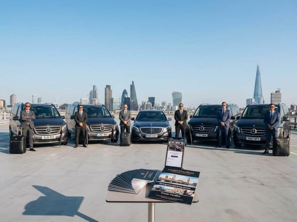 Group of uniformed drivers in suits stand beside black Mercedes vans on a rooftop with a city skyline in the background; marketing display with brochures and a phone app mockup in front.