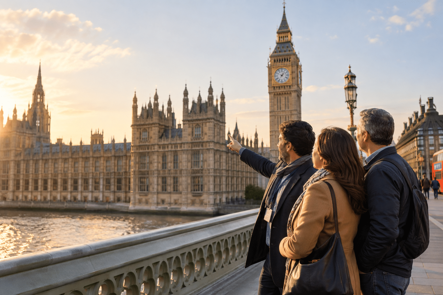 Casal em passeio privativo por Londres com guia em português diante do Big Ben