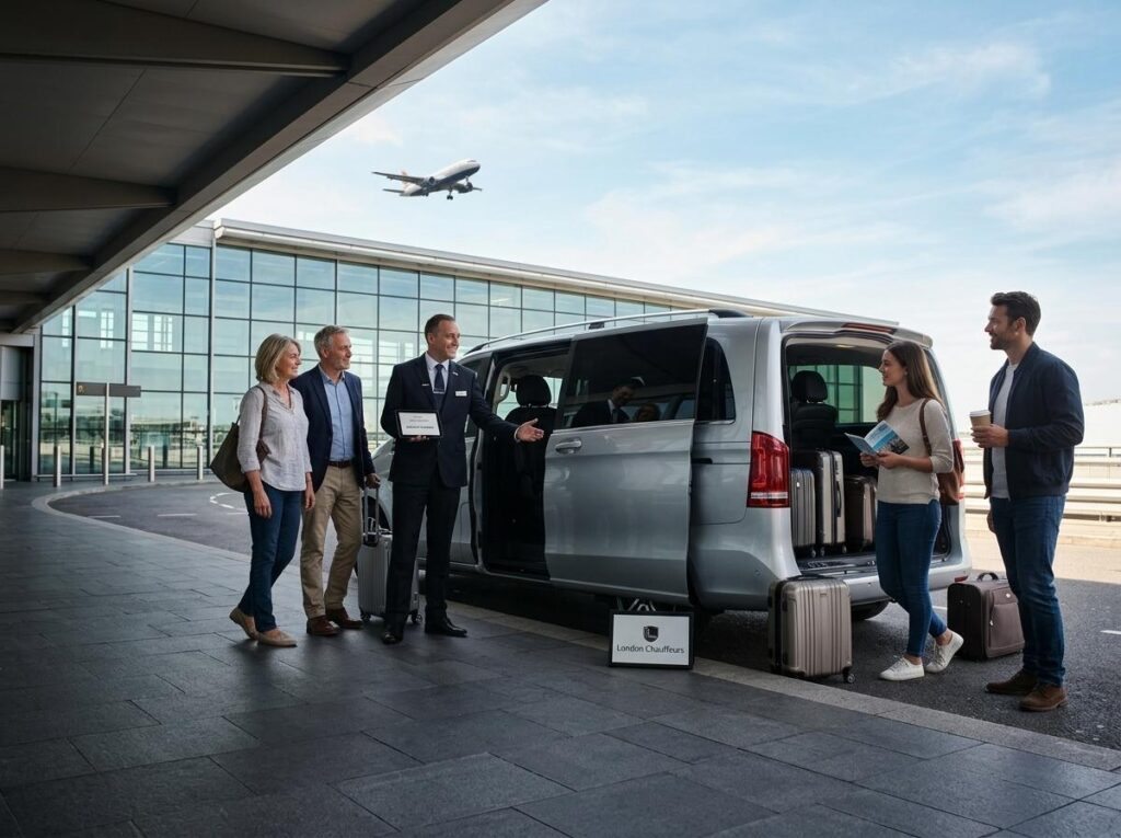 Airport pickup: chauffeur greets passengers beside a silver shuttle with luggage by the curb.