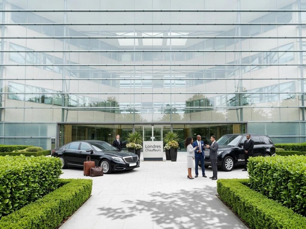 Group of business professionals conversing outside a glass-fronted office building, with two black luxury cars and a London Chauffeurs sign nearby.