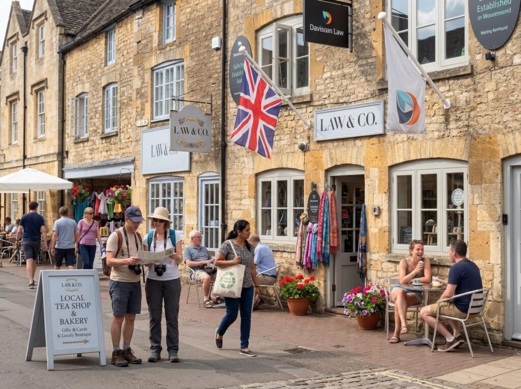 Stone storefronts with Law & Co signs, Union Jack flag, and people dining outdoors on a sunny street.