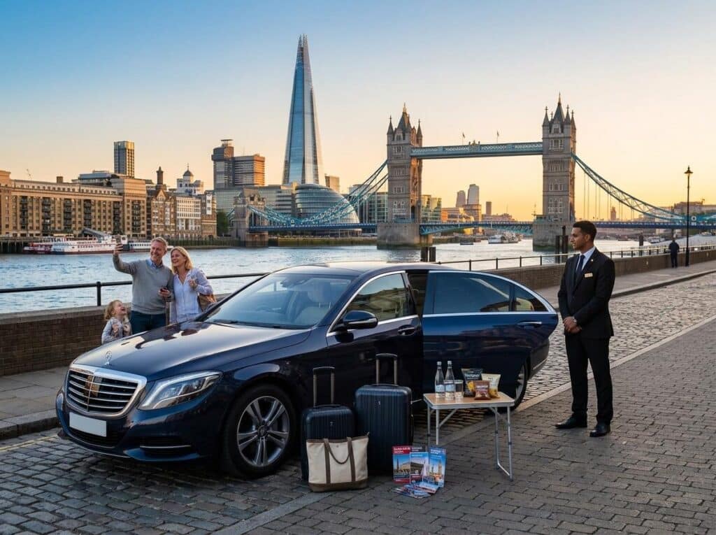 Family taking a selfie beside a dark blue luxury car with luggage, by the Thames near Tower Bridge and The Shard in London.