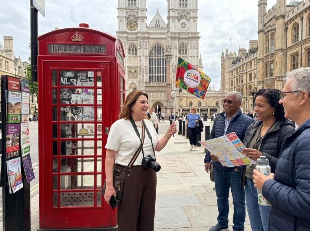 Tour guide in white shirt shows a map to a group of tourists near a red British phone booth and Westminster Abbey in the background.