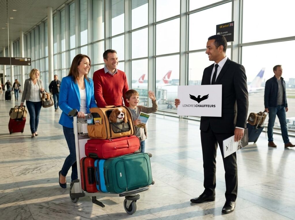 Family arriving at the airport meets a driver holding a sign that reads ‘Londres Chauffeurs’ as they push a luggage cart with colorful suitcases and a small dog in a carrier nearby.",