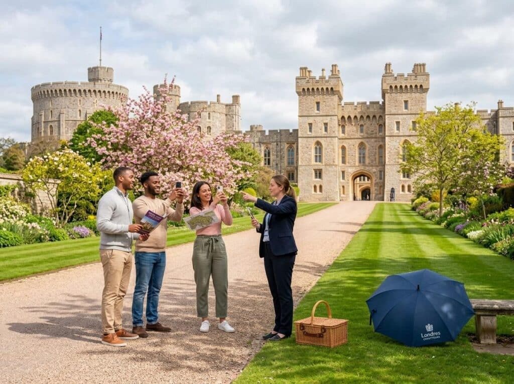 Group of four tourists posing for a photo outside a medieval castle, one holds a map while another uses a phone.