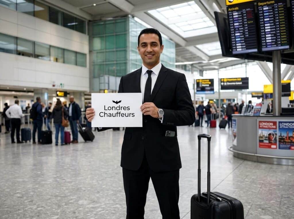 Smiling man in a black suit holding a sign that reads 'Londres Chauffeurs' at a busy airport terminal.