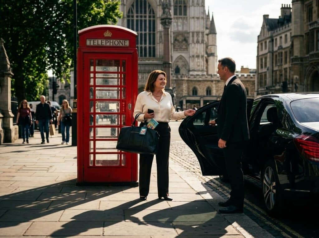 Woman in a cream blouse and black pants talks to a driver beside an open car door on a city street with a red British telephone booth nearby.