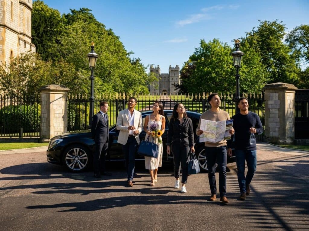 Group of six friends in front of a gated estate with a castle-like building, a black car, and green grounds on a sunny day.